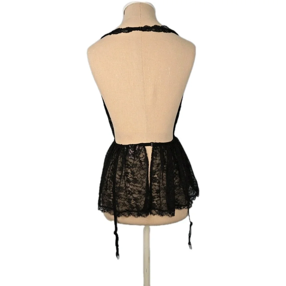 Victoria's Secret Black Lace Halter‎ Top Nightie With Garters Size S Lingerie